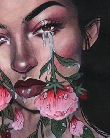 an esthetic drawing of a girl crying roses 