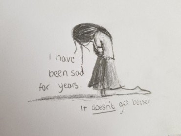 a drawnig of a sad girl fighting for years to overcome her sadness