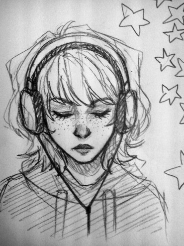 A sketch of a girl with headphones