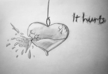 drawing of a heart in glass that broke, water coming out : with the words it hurts next to it