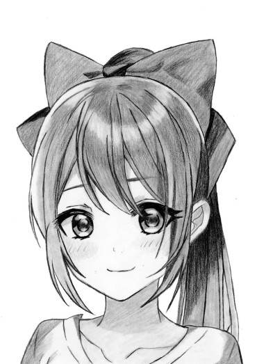 a cute manga girl with a boy on her head