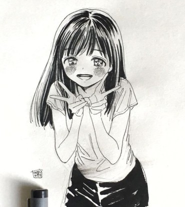 A manga drawing of a girl smiling doing the peace sign with both of her hands
