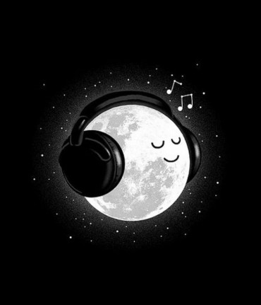 A cute digital drawing of a moon with headphones up listening to some music