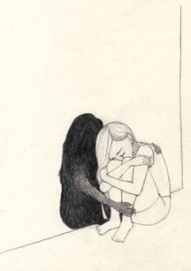 drawing of a girl crying and her shadow is calming her