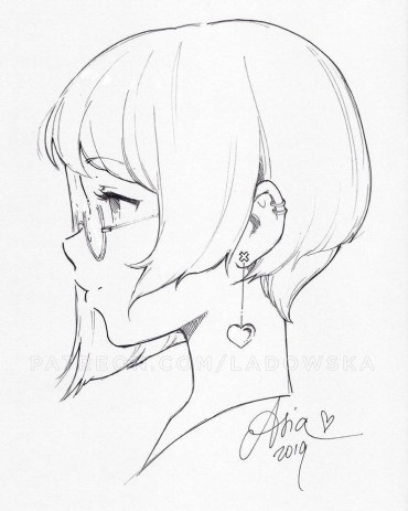 A profile drawing of an anime girl with short hair and wearing glasses