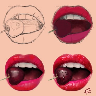digital painting of a mouth with a cherry between the lips - a step by step tutorial