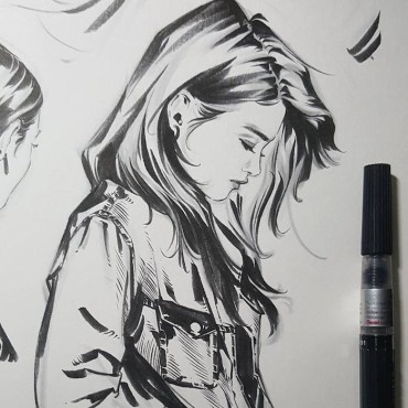 Sad ink drawing of a girl thinking