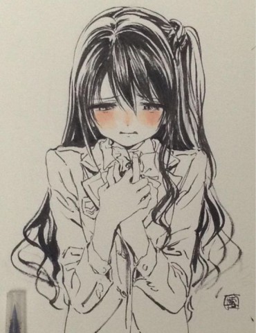 A sad drawing of a cute manga girl with long black hair