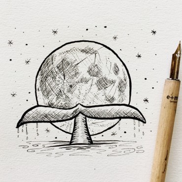 drawing of a whale's tail and a moon