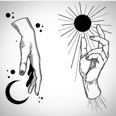 A sketch of a hand and moon next to another sketch of a hand trying to grab the sun
