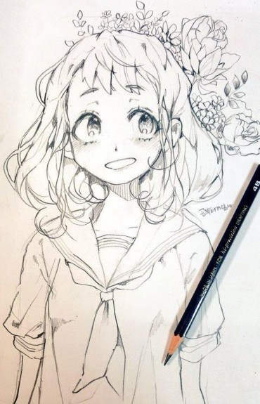 manga girl with flowers behind her head