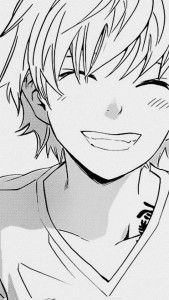 A manga boy smiling with his eyes closed