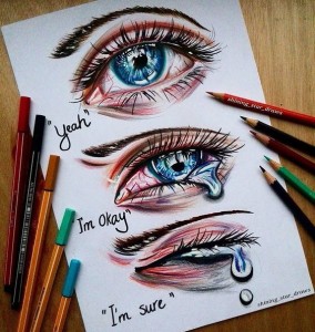 Very beautiful touching sad drawing of 3 eyes progressions with colored pencils
