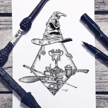 Harry Potter drawing with sorting hat and brooms