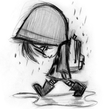 A very touching drawing of a little boy walking in the rain