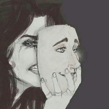 drawing of a girl holding a mask crying