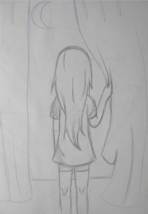 a simple sketch of a girl looking through her window