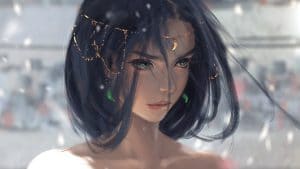 free wlop wallpaper of a fictional female character from GhostBlade with black hair and green eyes and jewelry - Digital art of wlop