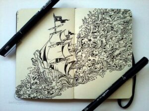 a cool detailed drawing in a sketchbook of a boat and lots of doodles as waves