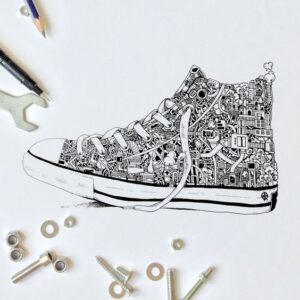 A cool drawing of a shoe filled with lots of doodles