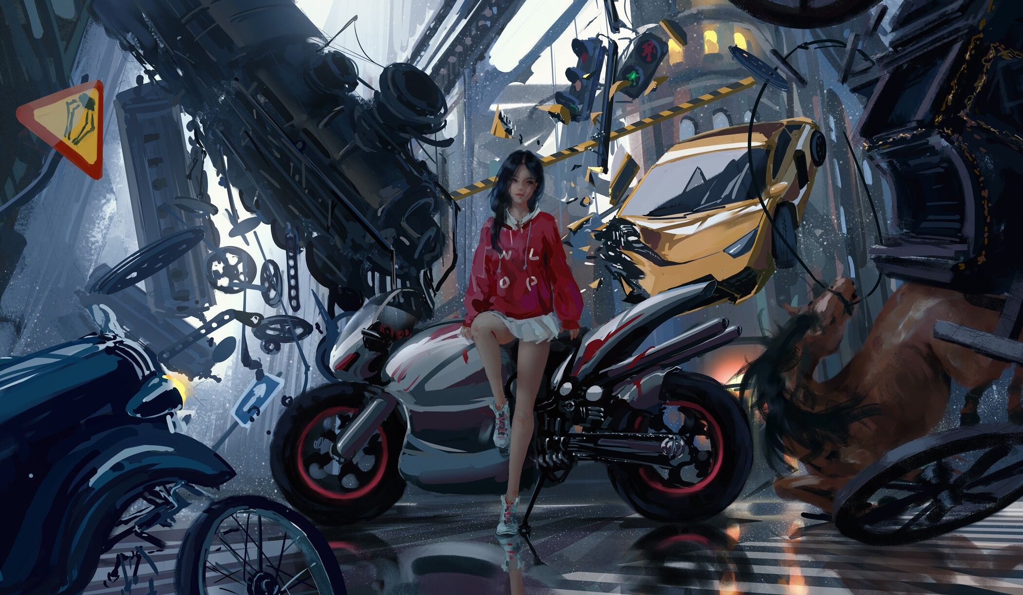 A cool 4K wallpaper of an anime girl leaning on a motorcycle