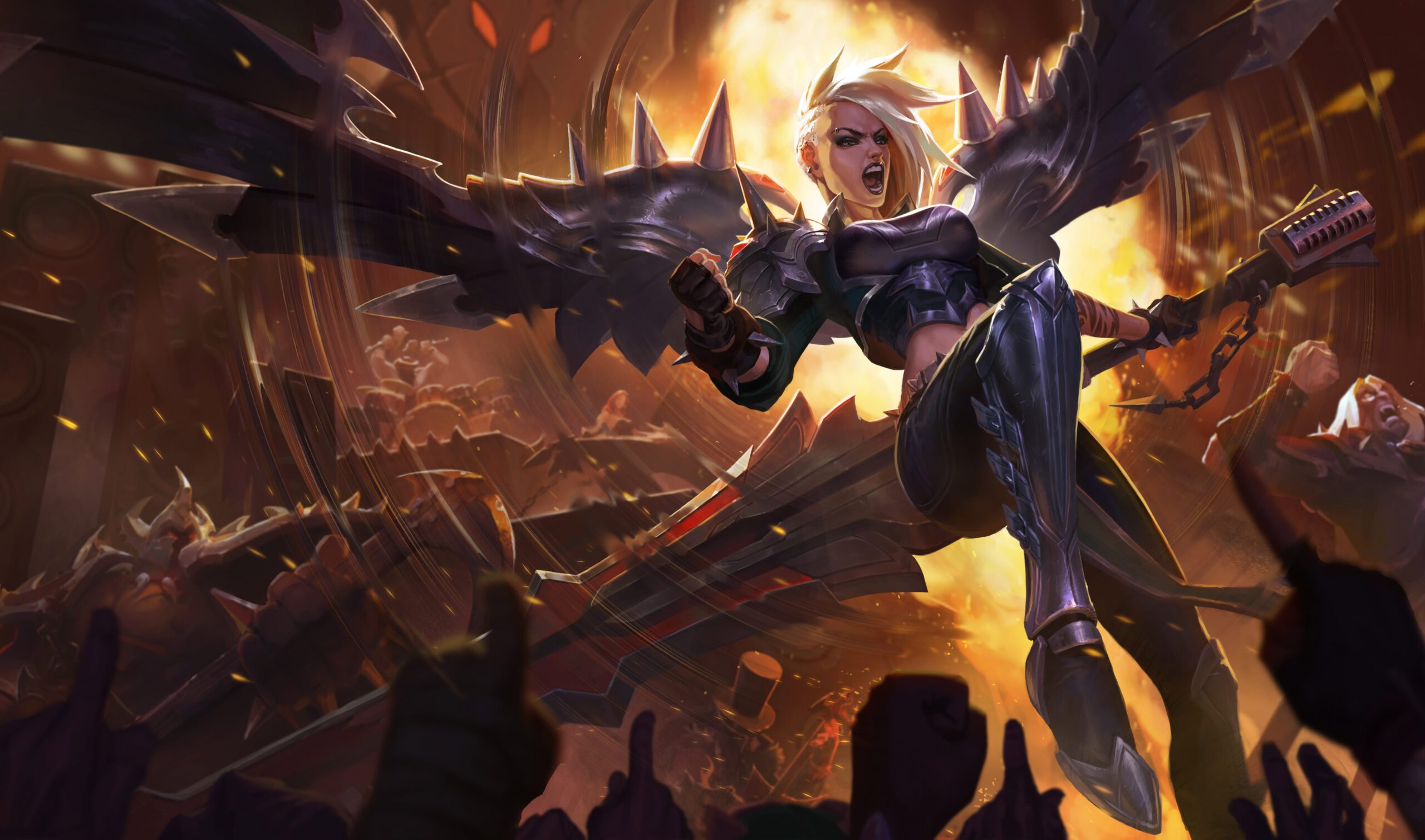 Kayle Pentakill of League of legends in battle fighting with her metal wings