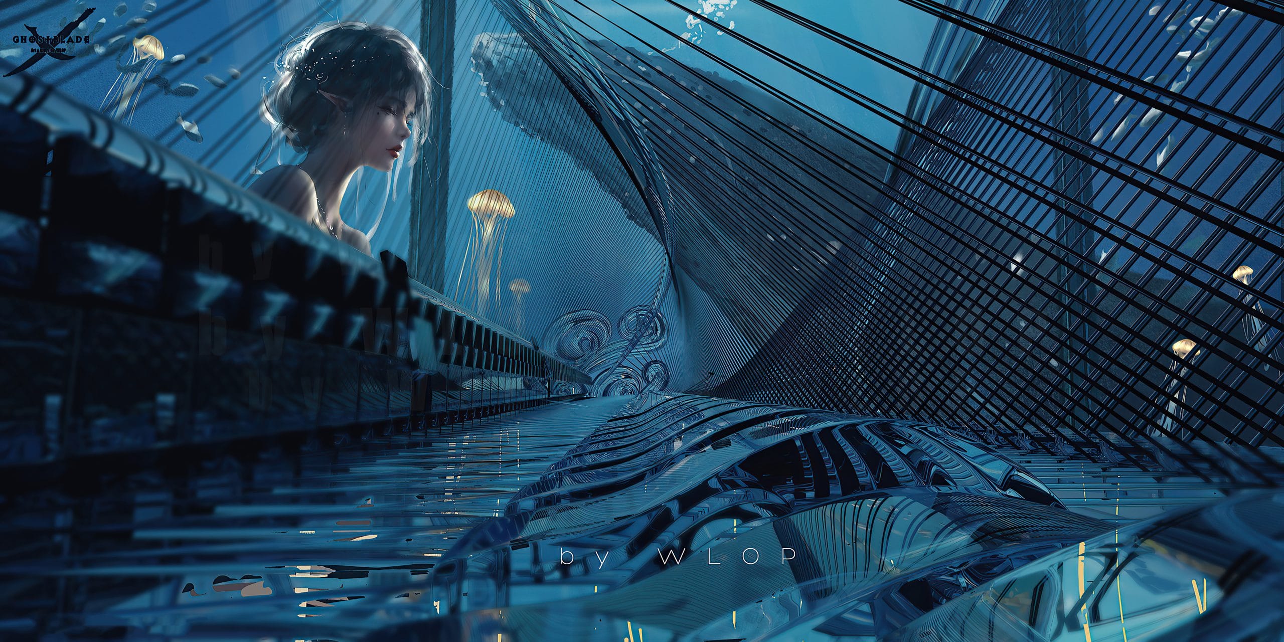 A girl playing the piano underwater a very impressive digital artwork of WLOP