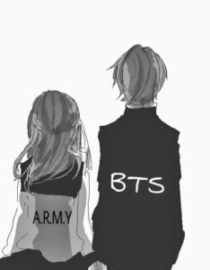 An army girl sitting next to a boy representing BTS