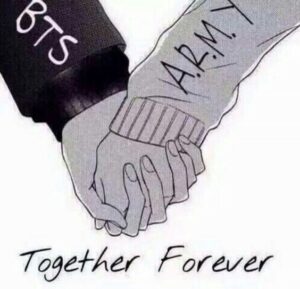 A drawing of BTS holding the hand of army