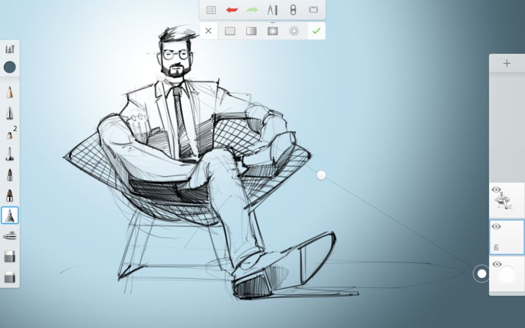 a professional drawing of a man sitting on a chair in Autodesk sketchbook