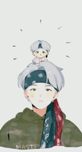 A BTS anime drawing of Suga with another Suga chibi character drawing on top of his head 