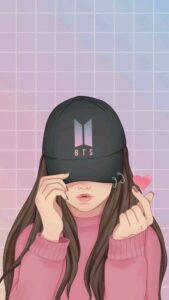 A drawing of a girl wearing a BTS cap