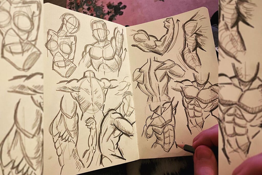 many sketches of body anatomy in a sketchbook