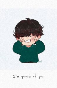 Cute chibi drawing of V smiling and saying I'm proud of you