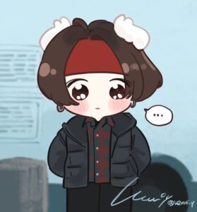 A cute Jungkook chibi cartoon drawing wearing a red bandana