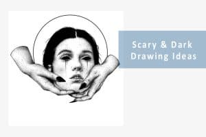 a scary drawing of creepy hands holding a woman's head with black eyes