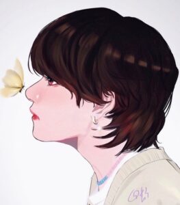 Digital drawing of V with a butterfly near his nose