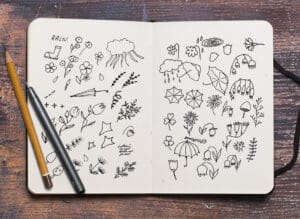 easy random doodles drawing ideas in a beautiful sketchbook