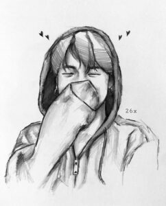 A drawing of Jimin laughing and covering his mouth