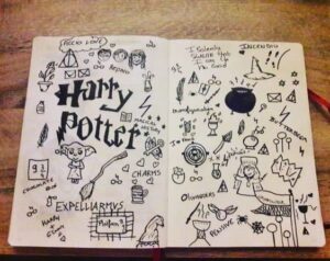 Harry Potter doodles in a sketchbook