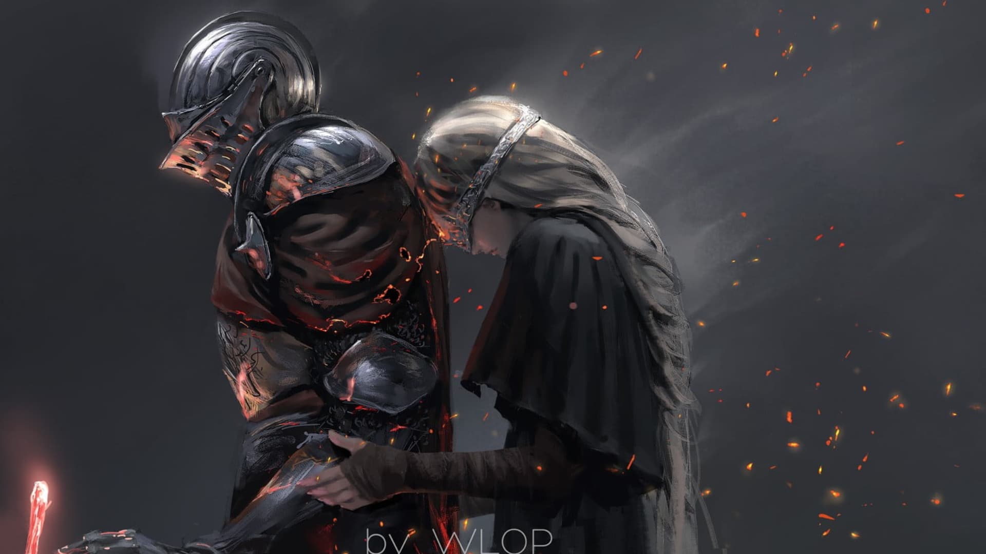 wallpaper of a knight and a princess - WLOP Fantasy art - Digital art dark souls III
