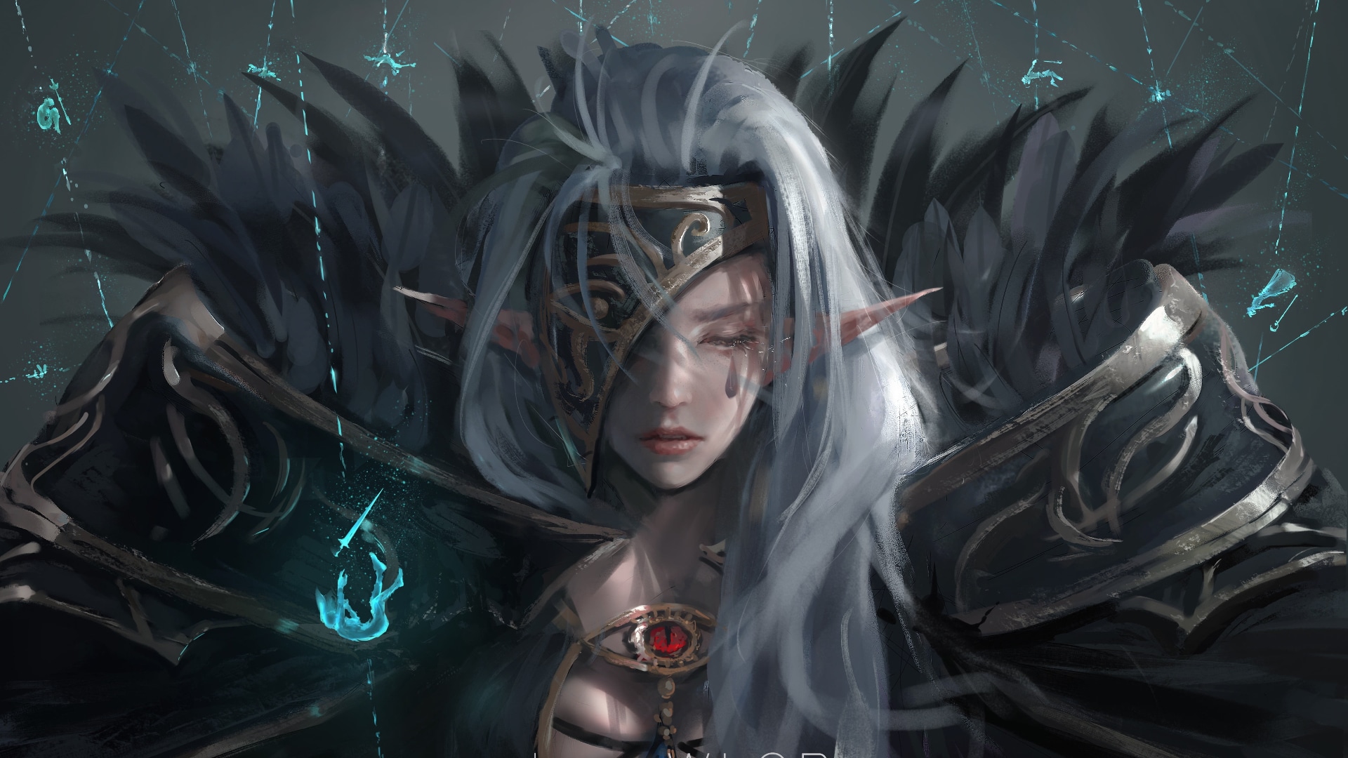 A white-haired female elf character - Digital art WLOP