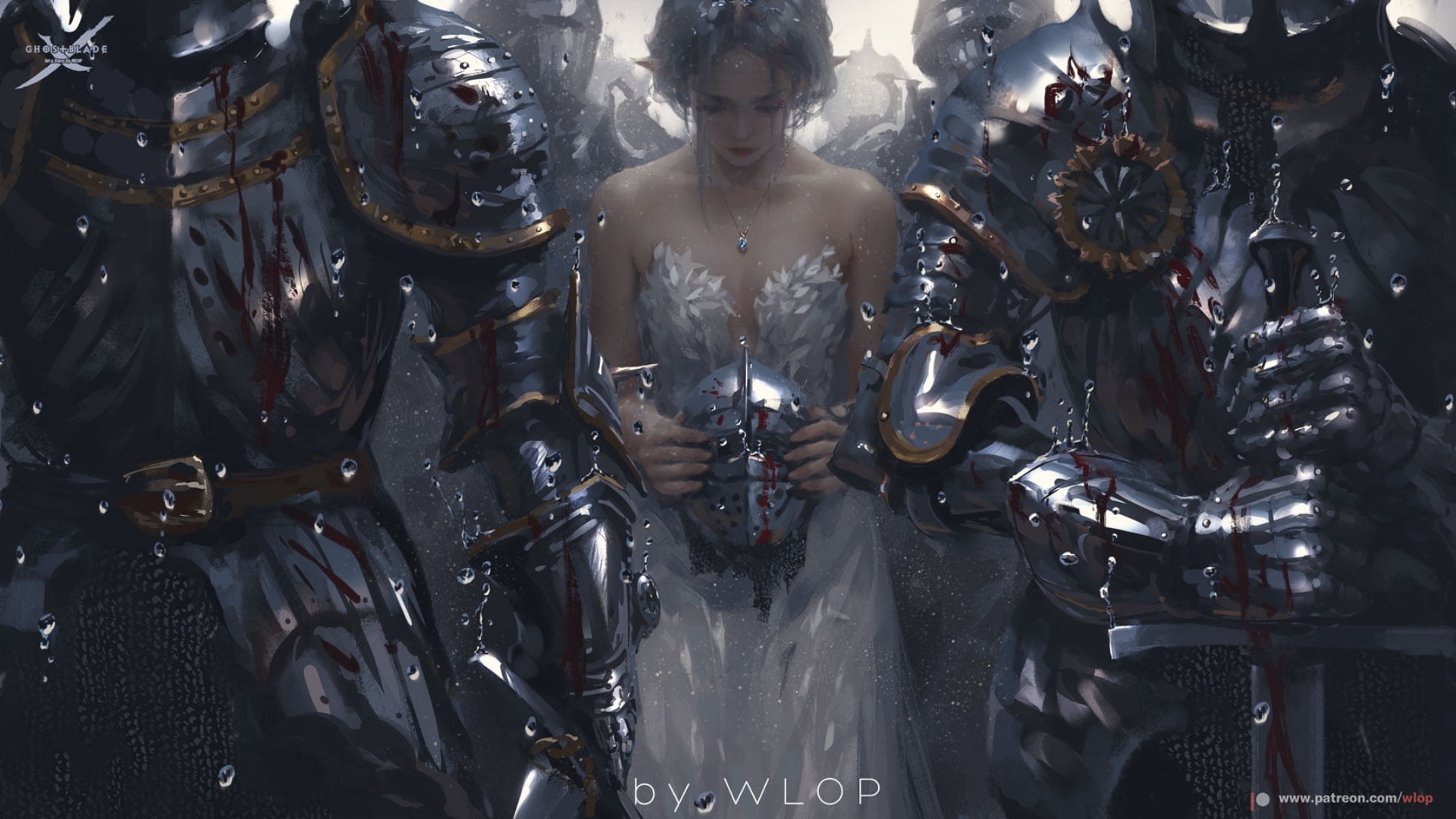 A woman in a gorgeous dress surrounded by gladiators - GhostBlade