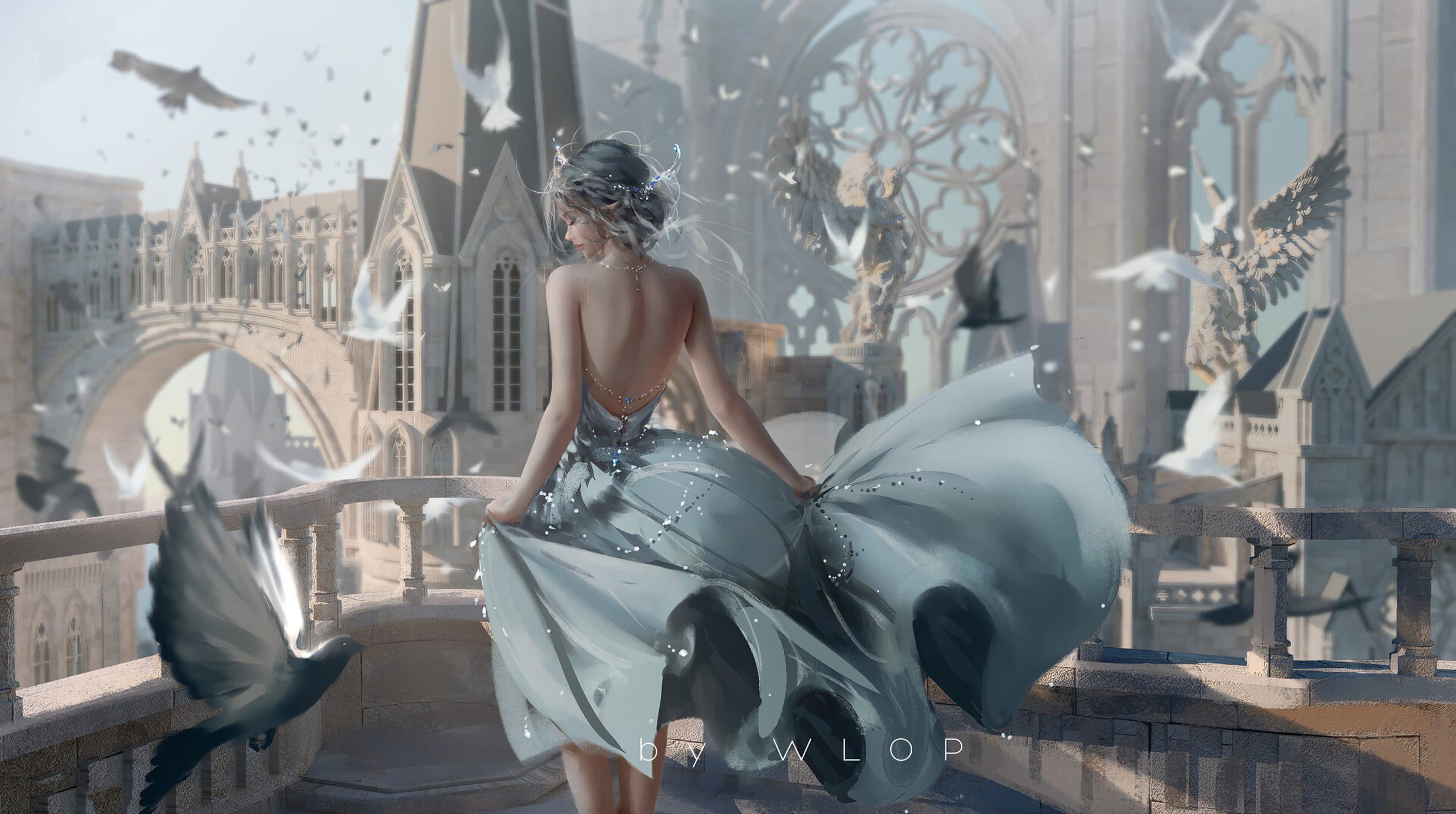a digital painting of a girl on top of a castle wearing a blue dress blowing by the wind and lots of birds flying around her