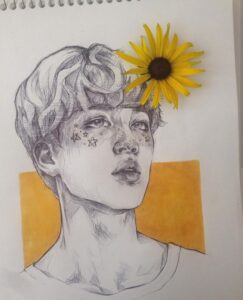 A yellow theme drawing of jimin with a sunflower