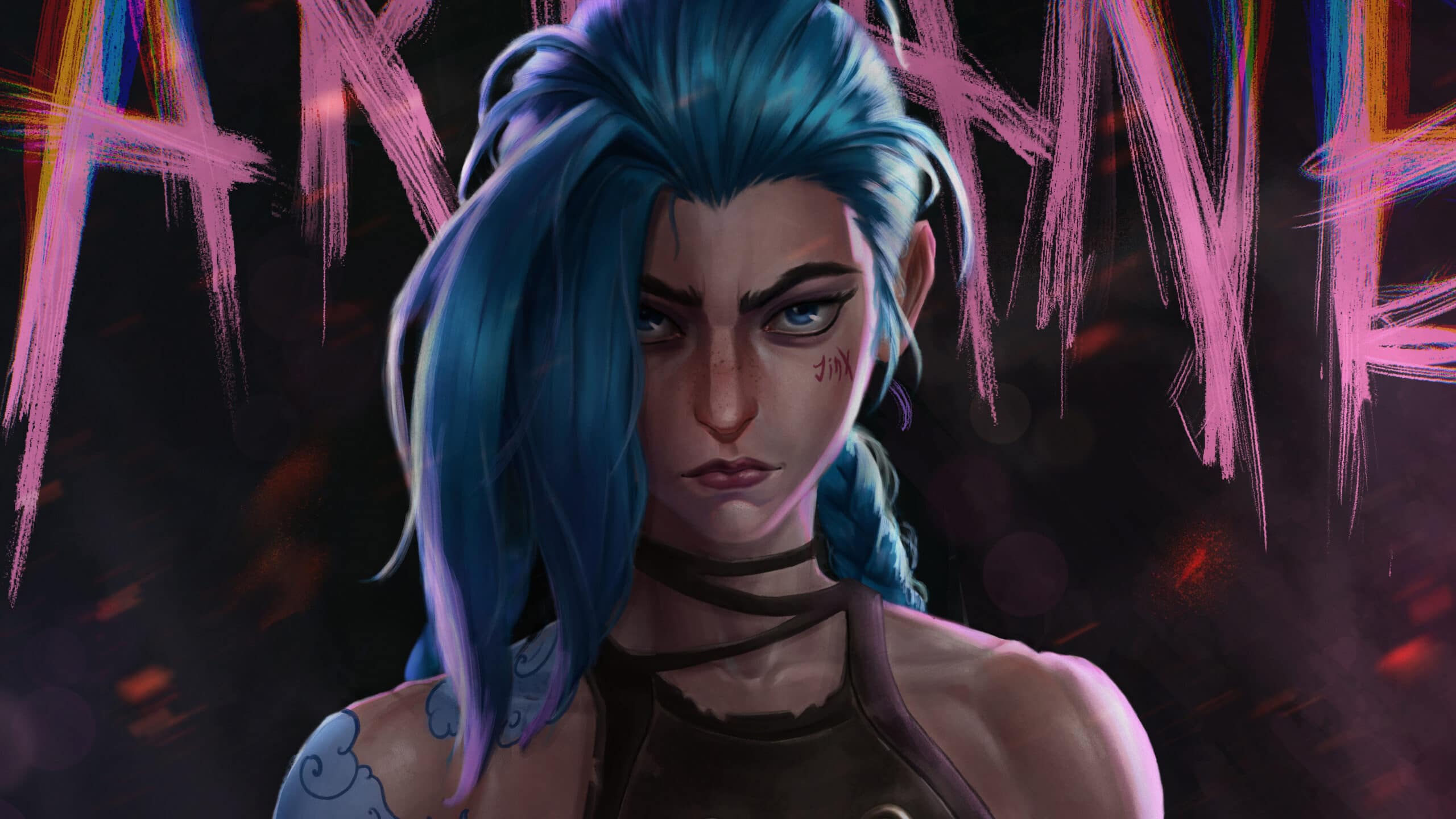 a digital painting of jinx a girl with blue hair