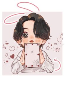 cute Jungkook chibi cartoon drawing holding BE BTS album