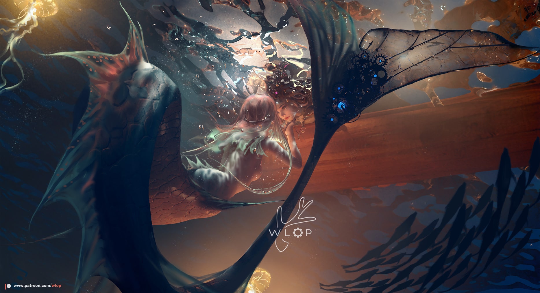 a mermaid underwater seeing her reflection- An amazing digital drawing of WLOP - wallpaper
