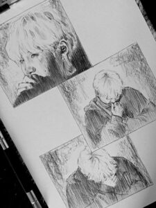 3 transitions sketches of Suga crying   