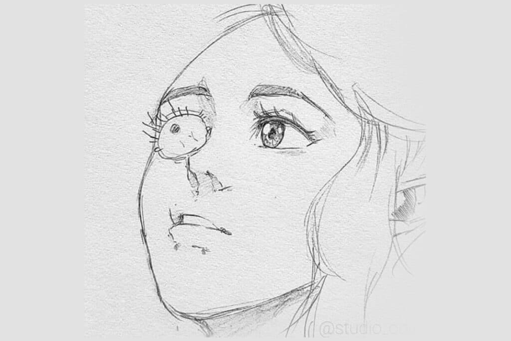 a drawing of a girl's face with one eye drawn well but not the other one. a representation on : I can't draw the other eye